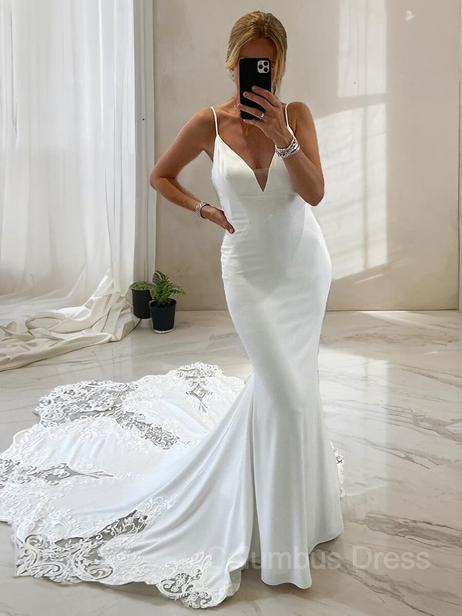 Wedding Dress Silhouettes Guide, Trumpet/Mermaid V-neck Cathedral Train Charmeuse Wedding Dresses With Appliques Lace