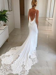 Wedding Dress Styles 2027, Trumpet/Mermaid V-neck Cathedral Train Charmeuse Wedding Dresses With Appliques Lace