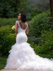 Wedding Dress Top, Trumpet/Mermaid V-neck Cathedral Train Tulle Wedding Dresses With Beading