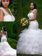 Wedding Dress Outlet Near Me, Trumpet/Mermaid V-neck Cathedral Train Tulle Wedding Dresses With Beading