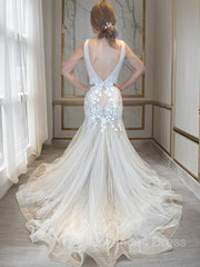 Wedding Dress Aesthetic, Trumpet/Mermaid V-neck Chapel Train Tulle Wedding Dresses With Appliques Lace