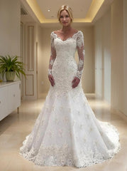 Wedding Dress Vintage Style, Trumpet/Mermaid V-neck Court Train Lace Wedding Dresses With Appliques Lace