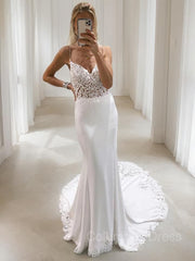 Wedding Dress Dress, Trumpet/Mermaid V-neck Court Train Stretch Crepe Wedding Dresses With Appliques Lace