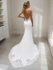 Wedding Dresses Bride, Trumpet/Mermaid V-neck Court Train Stretch Crepe Wedding Dresses With Appliques Lace