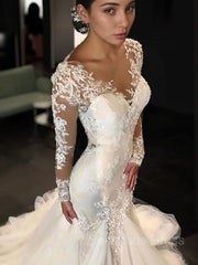 Wedding Dresses Sales, Trumpet/Mermaid V-neck Court Train Tulle Wedding Dresses With Appliques Lace