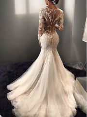 Wedding Dresses Sale, Trumpet/Mermaid V-neck Court Train Tulle Wedding Dresses With Appliques Lace