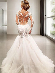 Wedding Dresses Different, Trumpet/Mermaid V-neck Court Train Tulle Wedding Dresses With Appliques Lace