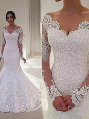 Wedding Dresses For Fall Wedding, Trumpet/Mermaid V-neck Court Train Tulle Wedding Dresses With Appliques Lace