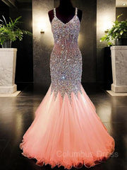 Bridesmaids Dresses Fall Colors, Trumpet/Mermaid V-neck Floor-Length Tulle Prom Dresses With Rhinestone