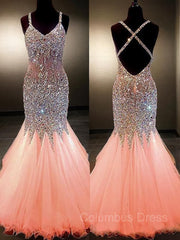 Bridesmaid Dresses Fall Color, Trumpet/Mermaid V-neck Floor-Length Tulle Prom Dresses With Rhinestone