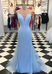 Ranch Dress, Trumpet/Mermaid V Neck Sleeveless Court Train Lace Tulle Prom Dress