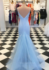 Lace Dress, Trumpet/Mermaid V Neck Sleeveless Court Train Lace Tulle Prom Dress