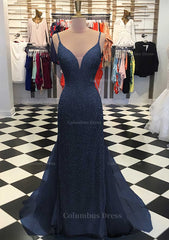 Party Dress High Neck, Trumpet/Mermaid V Neck Sleeveless Court Train Lace Tulle Prom Dress