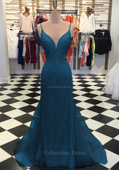 Corset Prom Dress, Trumpet/Mermaid V Neck Sleeveless Court Train Lace Tulle Prom Dress