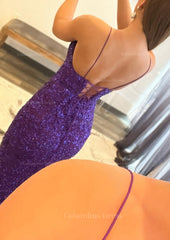 Prom Dress Ideas Black Girl, Trumpet/Mermaid V Neck Sleeveless Sweep Train Allover Sparkly Sequined Prom Dress With Split