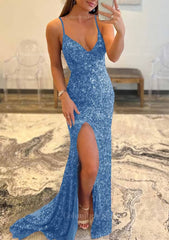 Prom Dresse Two Piece, Trumpet/Mermaid V Neck Sleeveless Sweep Train Allover Sparkly Sequined Prom Dress With Split