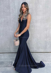 Prom Dressed Ball Gown, Trumpet/Mermaid V Neck Sleeveless Sweep Train Jersey Prom Dress