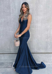 Prom Dresses Ball Gowns, Trumpet/Mermaid V Neck Sleeveless Sweep Train Jersey Prom Dress