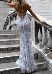 Prom Dresses Open Back, Trumpet/Mermaid V Neck Sleeveless Sweep Train Tulle Evening Dress With Beading Appliqued