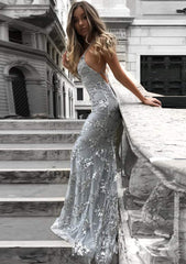Prom Dress 2025, Trumpet/Mermaid V Neck Sleeveless Sweep Train Tulle Evening Dress With Beading Appliqued