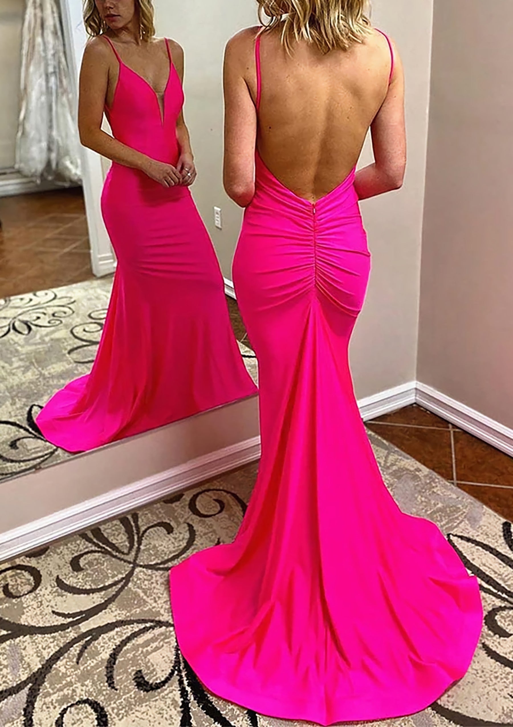 Prom Dresses Cute, Trumpet/Mermaid V Neck Spaghetti Straps Court Train Jersey Prom Dress With Pleated