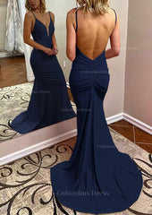 Prom Dresses Open Back, Trumpet/Mermaid V Neck Spaghetti Straps Court Train Jersey Prom Dress With Pleated
