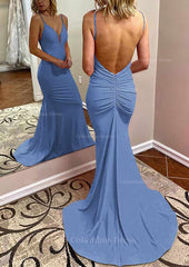Prom Dresses2021, Trumpet/Mermaid V Neck Spaghetti Straps Court Train Jersey Prom Dress With Pleated