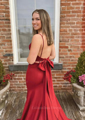 Prom Dresses Blushes, Trumpet/Mermaid V Neck Spaghetti Straps Sweep Train Satin Prom Dress