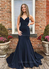 Prom Dresses 2053 Long Sleeve, Trumpet/Mermaid V Neck Spaghetti Straps Sweep Train Satin Prom Dress