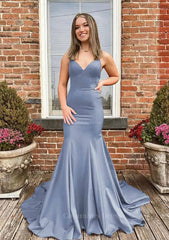 Prom Dresses Blue Lace, Trumpet/Mermaid V Neck Spaghetti Straps Sweep Train Satin Prom Dress