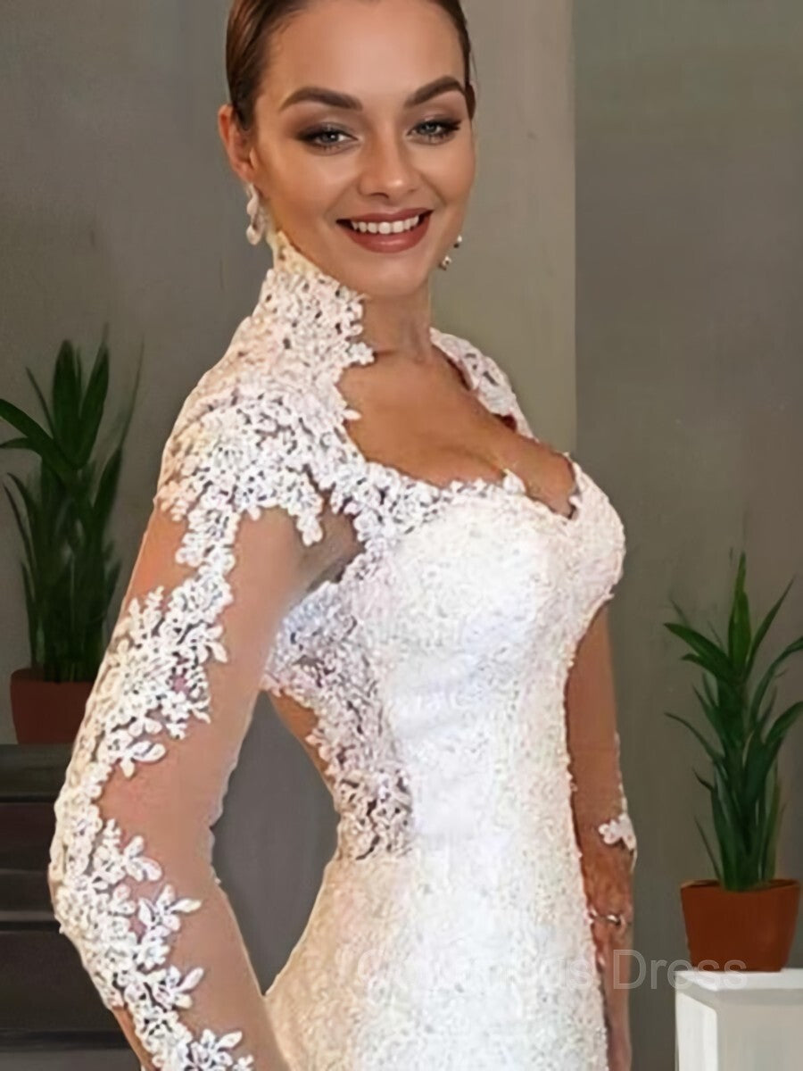 Wedding Dresses Shapes, Trumpet/Mermaid V-neck Sweep Train Lace Wedding Dresses With Appliques Lace