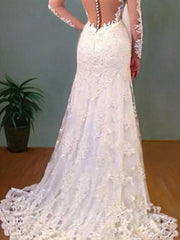 Wedding Dress Shape, Trumpet/Mermaid V-neck Sweep Train Lace Wedding Dresses With Appliques Lace