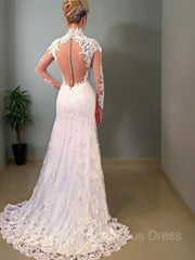 Wedding Dress Shapes, Trumpet/Mermaid V-neck Sweep Train Lace Wedding Dresses With Appliques Lace