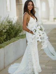 Wedding Dresses Cost, Trumpet/Mermaid V-neck Sweep Train Lace Wedding Dresses With Appliques Lace