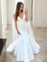 Wedding Dress Long Sleeves, Trumpet/Mermaid V-neck Sweep Train Satin Wedding Dresses