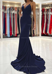 Party Dresses Online Shopping, Trumpet/Mermaid V Neck Sweep Train Sleeveless Elastic Satin Prom Dress