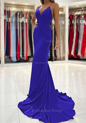 Party Dresses Online Shop, Trumpet/Mermaid V Neck Sweep Train Sleeveless Elastic Satin Prom Dress