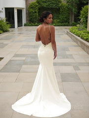 Wedding Dresses Classic Elegant, Trumpet/Mermaid V-neck Sweep Train Stretch Crepe Wedding Dresses