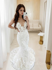 Wedding Dress Bridesmaid, Trumpet/Mermaid V-neck Sweep Train Tulle Wedding Dresses