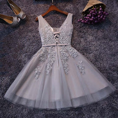 Prom Dresses Spring, Tulle A-line V-neck Knee-length Lace Short Prom Dresses,Homecoming Dress with Applique