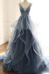 Prom Dress For Teen, Tulle A-line V-neck Spaghetti Straps Appliqued Prom Dresses, Evening Dress