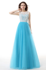 Gown Dress Elegant, Tulle Lace Light Sky Blue Prom Dresses