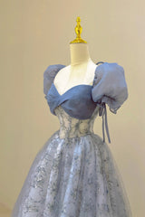 Bridesmaid Dresses Short, Tulle Lace Long Prom Dress, Blue Short Sleeve Evening Dress