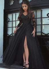 Party Dresses Near Me, Tulle Long/Floor-Length A-Line/Princess Full/Long Sleeve Sweetheart Zipper Prom Dress With Appliqued