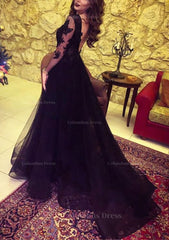 Party Dresses Sales, Tulle Long/Floor-Length A-Line/Princess Full/Long Sleeve Sweetheart Zipper Prom Dress With Appliqued