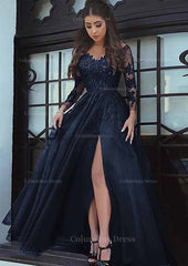 Party Dress Sale, Tulle Long/Floor-Length A-Line/Princess Full/Long Sleeve Sweetheart Zipper Prom Dress With Appliqued