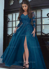 Party Dress Sales, Tulle Long/Floor-Length A-Line/Princess Full/Long Sleeve Sweetheart Zipper Prom Dress With Appliqued