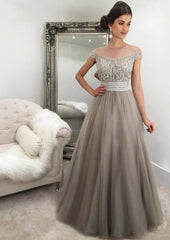 Prom Dresses Aesthetic, Tulle Long/Floor-Length A-Line/Princess Sleeveless Bateau Zipper Prom Dress With Beaded