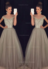 Prom Dresses Backless, Tulle Long/Floor-Length A-Line/Princess Sleeveless Bateau Zipper Prom Dress With Beaded