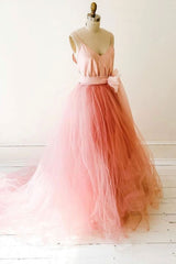 Prom Dresses Long With Slit, Tulle Princess Long Prom Dress,Formal Dresses A-line V-neck Formal Gown